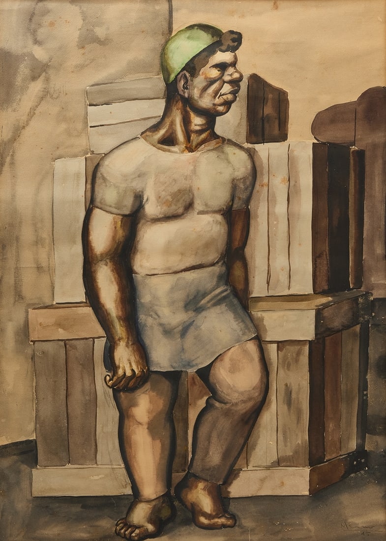 Afro-American Modernist watercolor: Afro-American modernist watercolor of a dock worker. 1945. Signed and dated lower right corner. Frame: H 36-1/4" W 30-1/4". Sight: H 20-1/2" W 18-1/4". Condition: Excellent condition. Copy and paste l