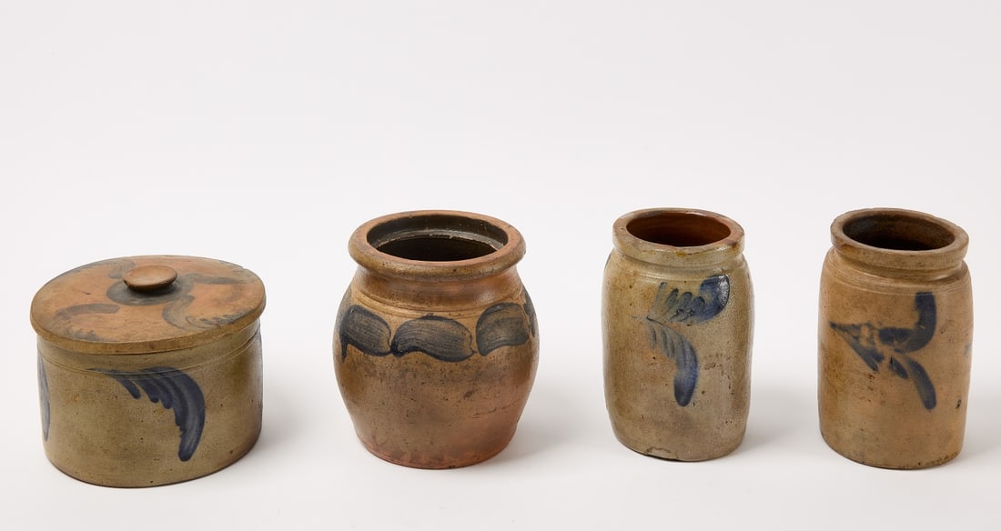Four Blue Decorated Stoneware -Redware  Crocks (1 of 4)