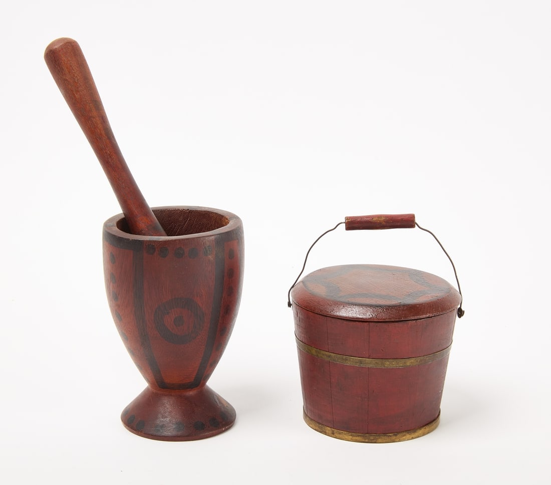 Decorated Mortar & Pestle and Small Lidded Bucket (1 of 3)