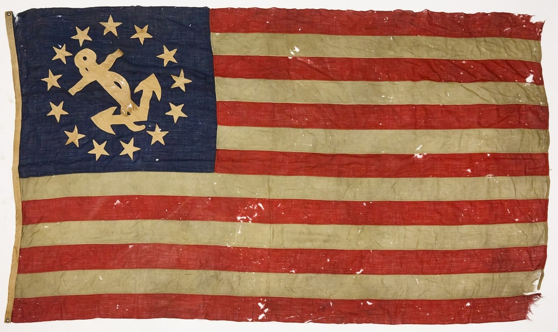 13 Star Naval Flag: 13 star naval flag. L 113" W 67-1/2"Condition. Imperfections as expected.Link to Hi-Res Images: https://www.dropbox.com/scl/fo/yj4h1lry7h4ulw600ra0b/h?rlkey=26t456df2h92toijh4maqqow3&dl=0