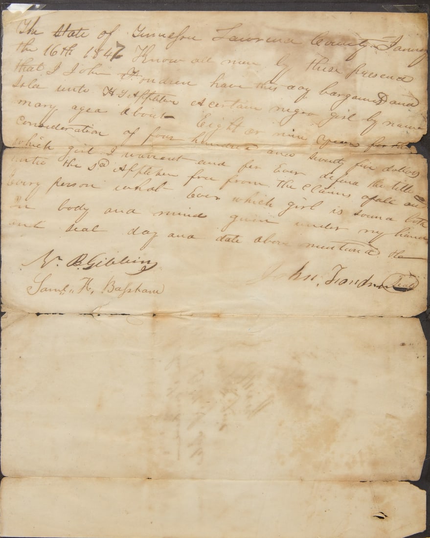 Tennessee Slave Trade Document dated 1847 (1 of 3)