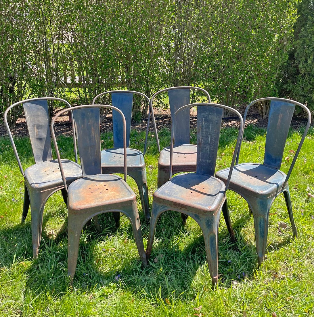 Set of Six Rare Authentic French "Model A" Tolix Chairs in Original Blue Paint (1 of 1)