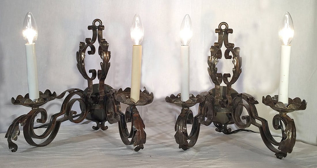 Pair of French Burnished Steel Double Sconces: Pair of French Burnished Steel Double Sconces. France, circa 1870. H 14" D12" 13.5" Link to Elemental Garden web page for additional images and info: https://w