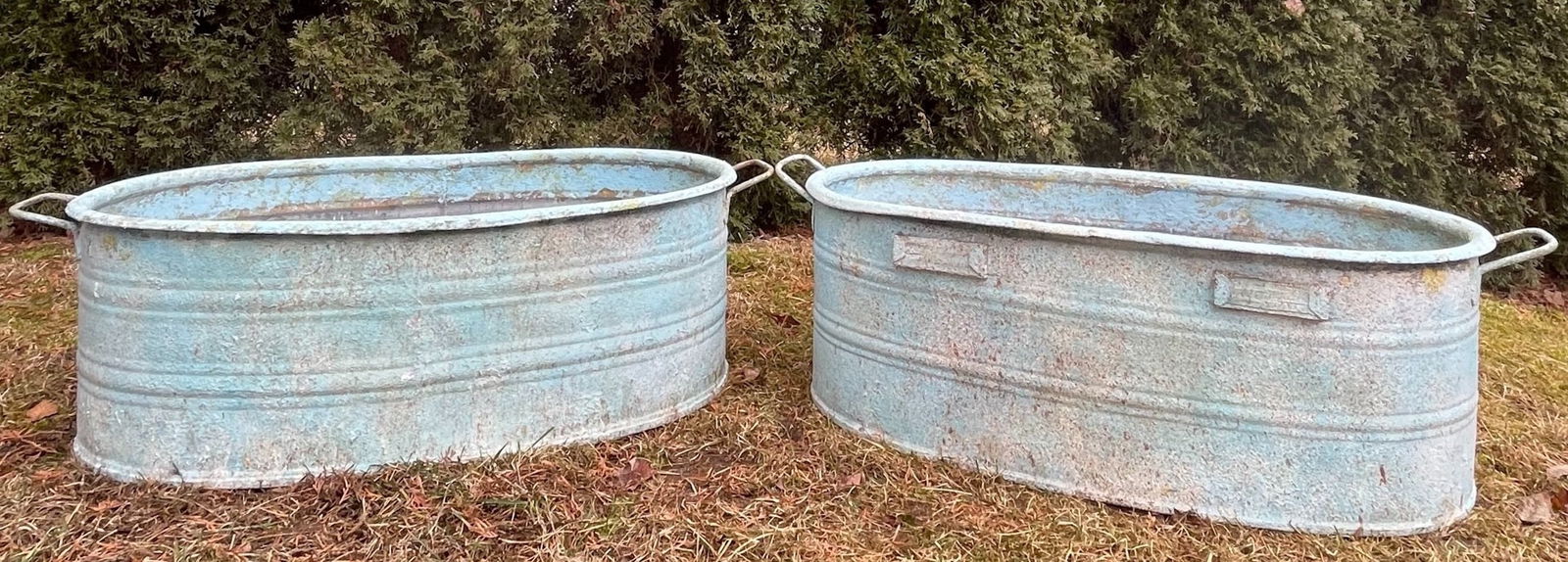 Near-Pair of Very Large German Oval Galvanized Planters with Custom Surface (1 of 1)