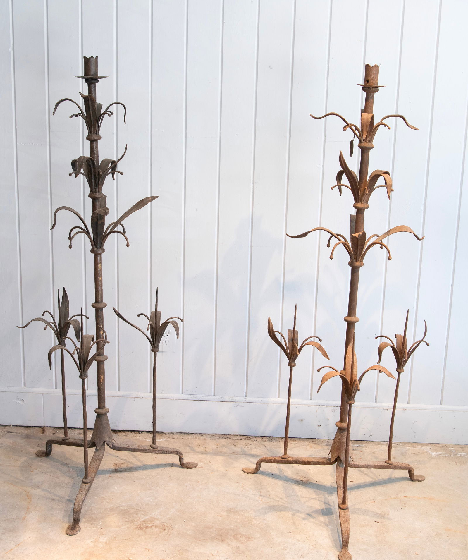 Pair of Tall French Wrought Iron Candelabra with Leaf Motif (1 of 2)