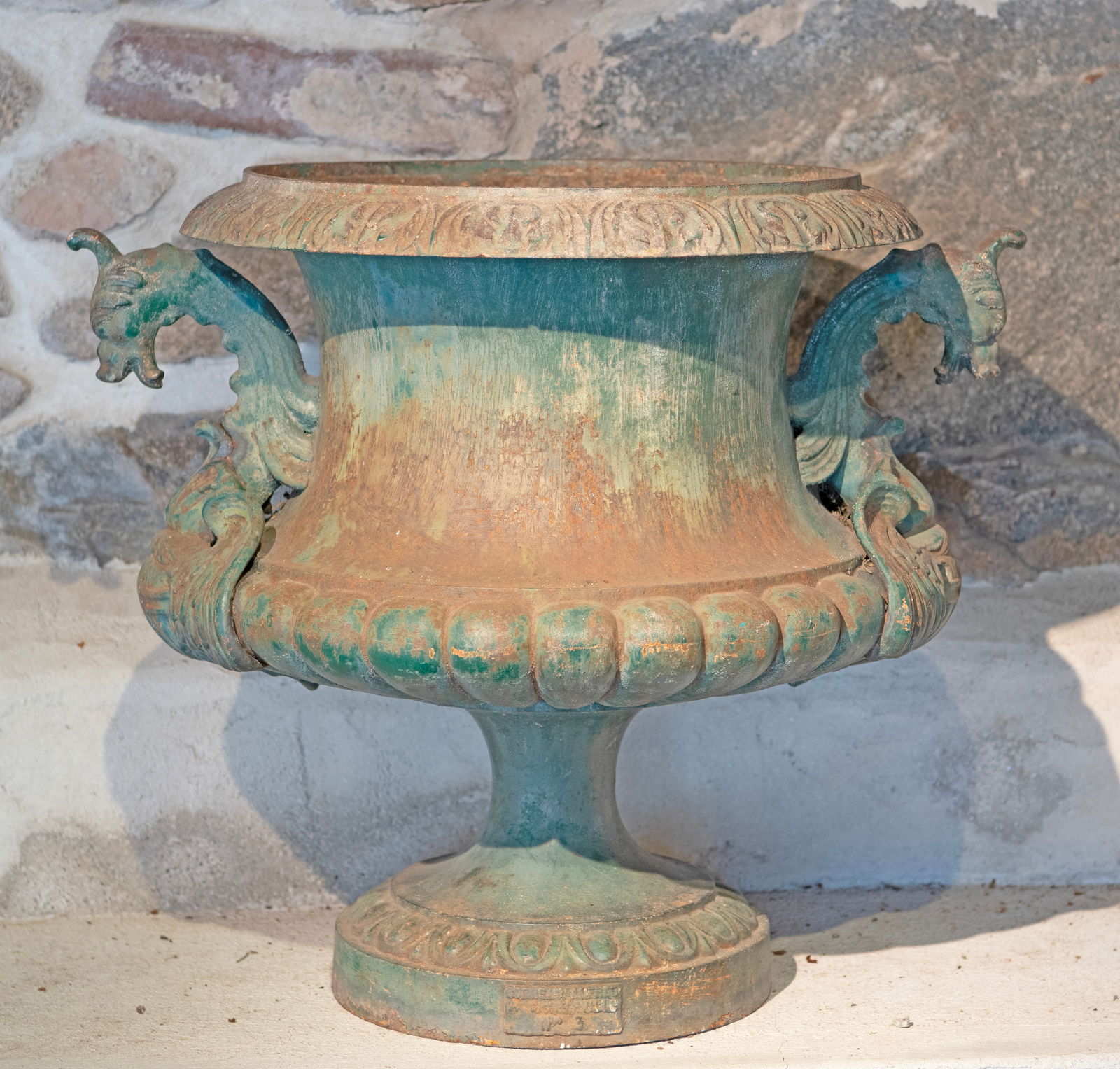 Large French Cast Iron Urn with Griffin Handles, Signed Alfred Corneau: Large French cast iron urn with griffin handles, Signed Alfred Corneau. French, circa 1870. Early paint. H 21" D 23.50". https://www.theelementalgarden.com/shop/french-19th-c-