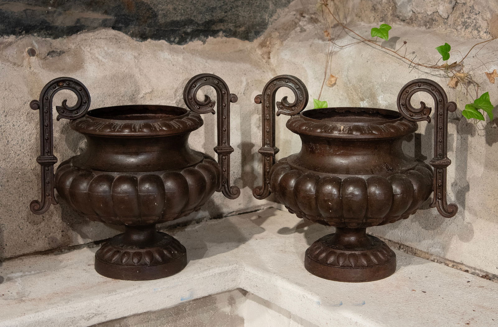 Rare Pair of 19th C French Cast Iron Handled Urns by Faure a Revin (1 of 1)