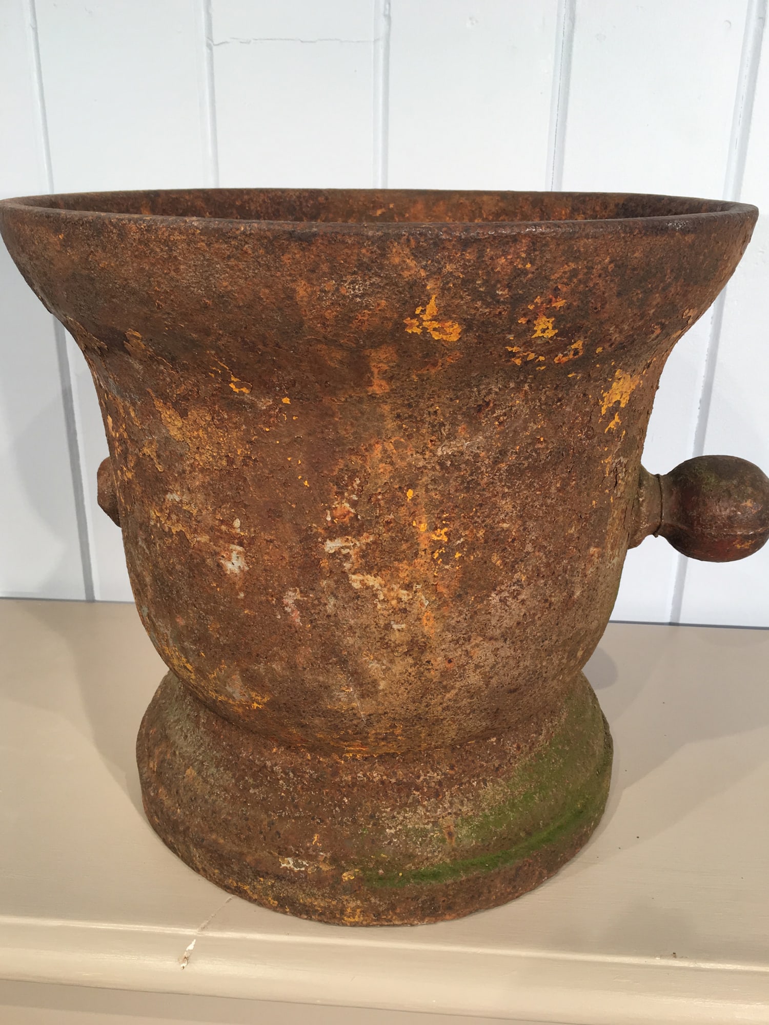 French 18th Century Mortar: Cast iron mortar with old paint. French, 18th century. H 13-3/4" W 16" D 15" Condition: Good with losses and minor imperfections. Link to Elemental Garden webpage for additional informa