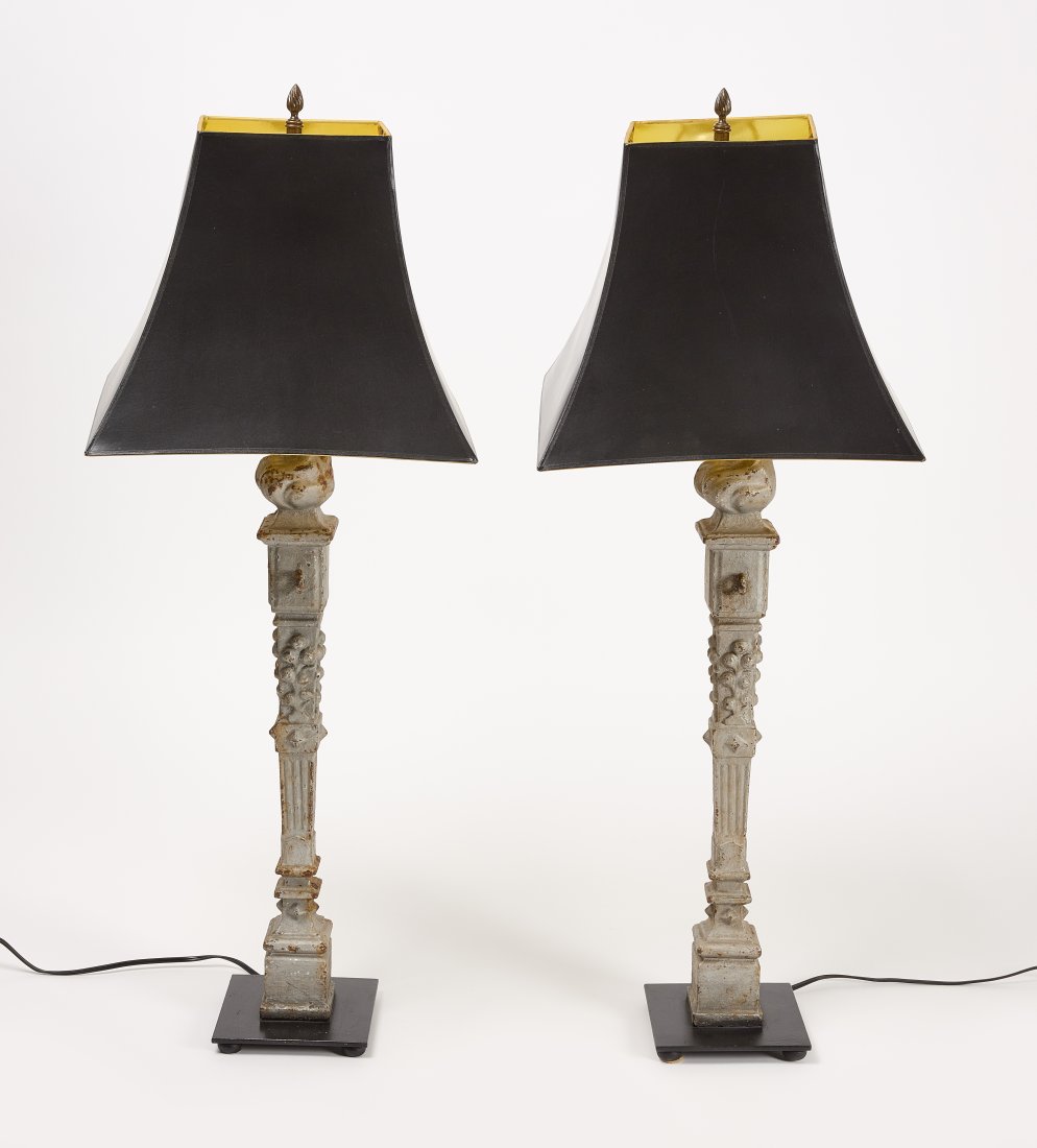 Pair of Tall 19th C French Cast Iron Flame Lamps (1 of 4)