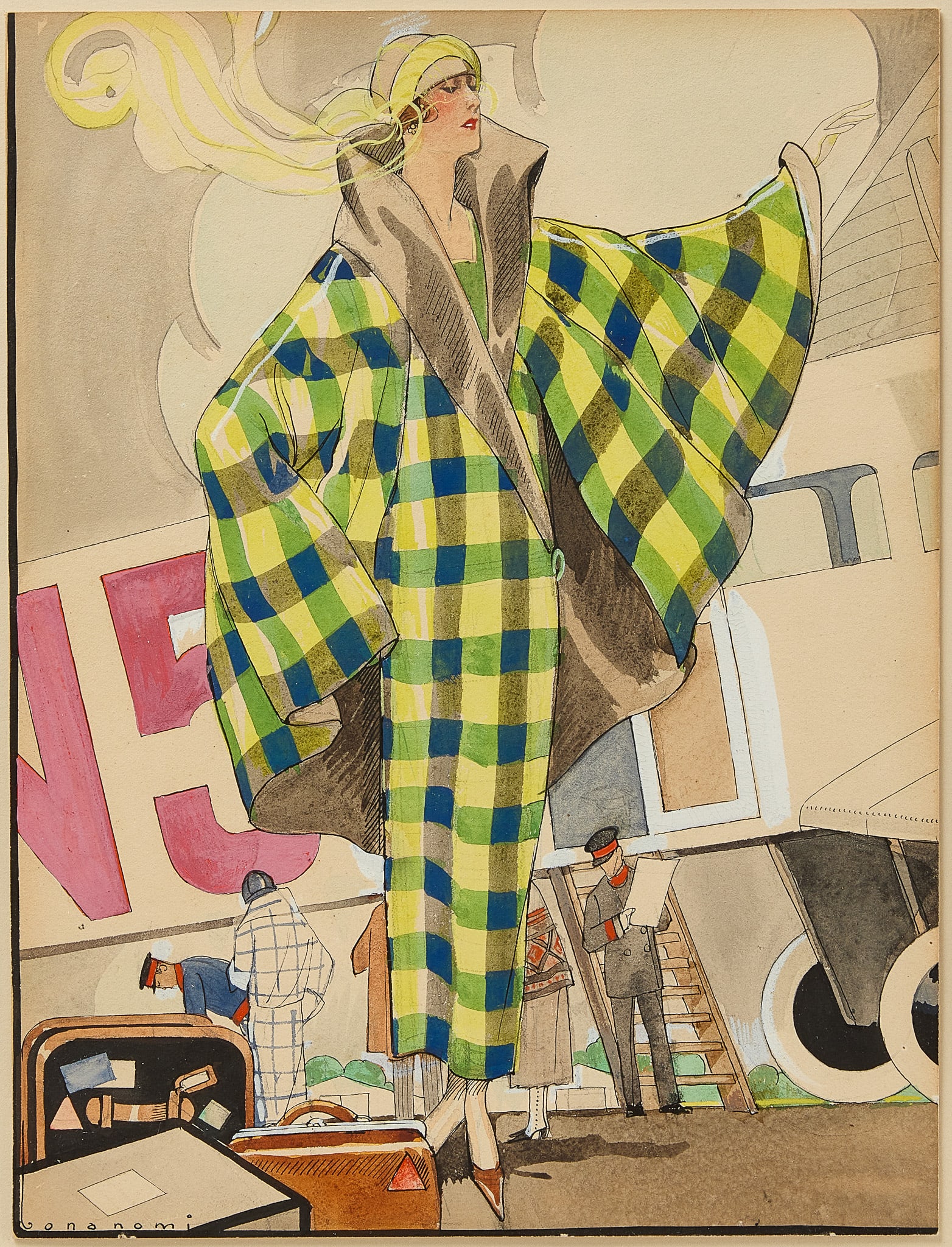 Bonanomi Fashion Watercolor: Bonanomi. Fashion watercolor on paper. Circa 1935. Frame: H 19" W 15-1/2" Sight: H 13-1/2" W 10-1/4" Condition: Excellent.