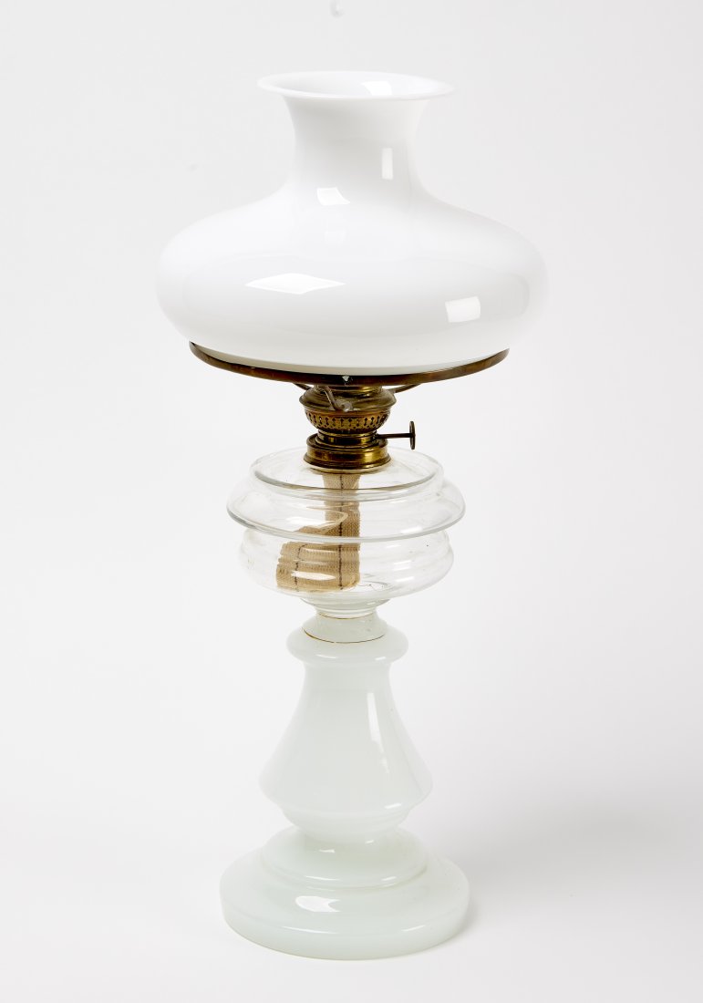 Opaline Glass Oil Lamp: Opaline glass oil lamp. H 23" D 9" Condition: Excellent. No damage noted.