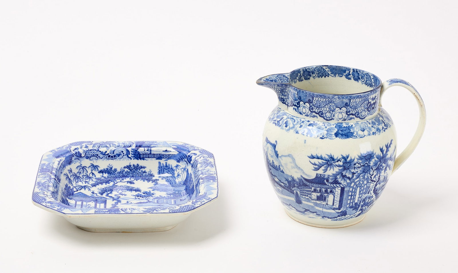 Creamware Pitcher and Octagonal Bowl: Creamware pitcher and octagonal bowl. 19th century. Pitcher: H 7-1/2" W 8-1/2 (handle to spout) D 6" Bowl: H 2" W 9-1/2" D 9-1/4" Condition: Excellent with minor imperfections