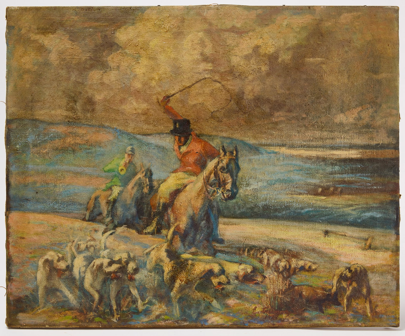 Fox Hunt: Fox hunt. Oil on canvas. Signed and dated by artist LR. 1928. H 22" W 27" Condition: Minor imperfections and two slight impressions to canvas. Link to high-res images: https://www.dropbox.co