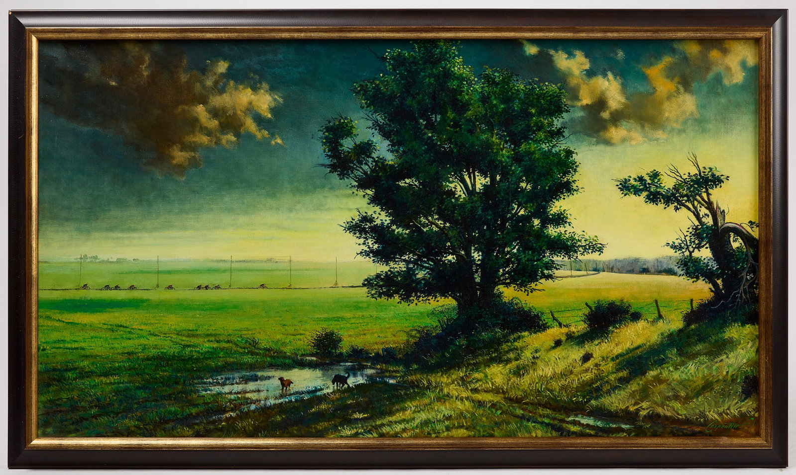 Ralph Carpentier - The Cyclists: Ralph Carpentier (1929-2016). The Cyclists. Oil on canvas. Signed and dated by artist LR. American, 1971. Frame: H 34-1/4" W 58" Sight: H 30" W 54" Condition: Excellent.