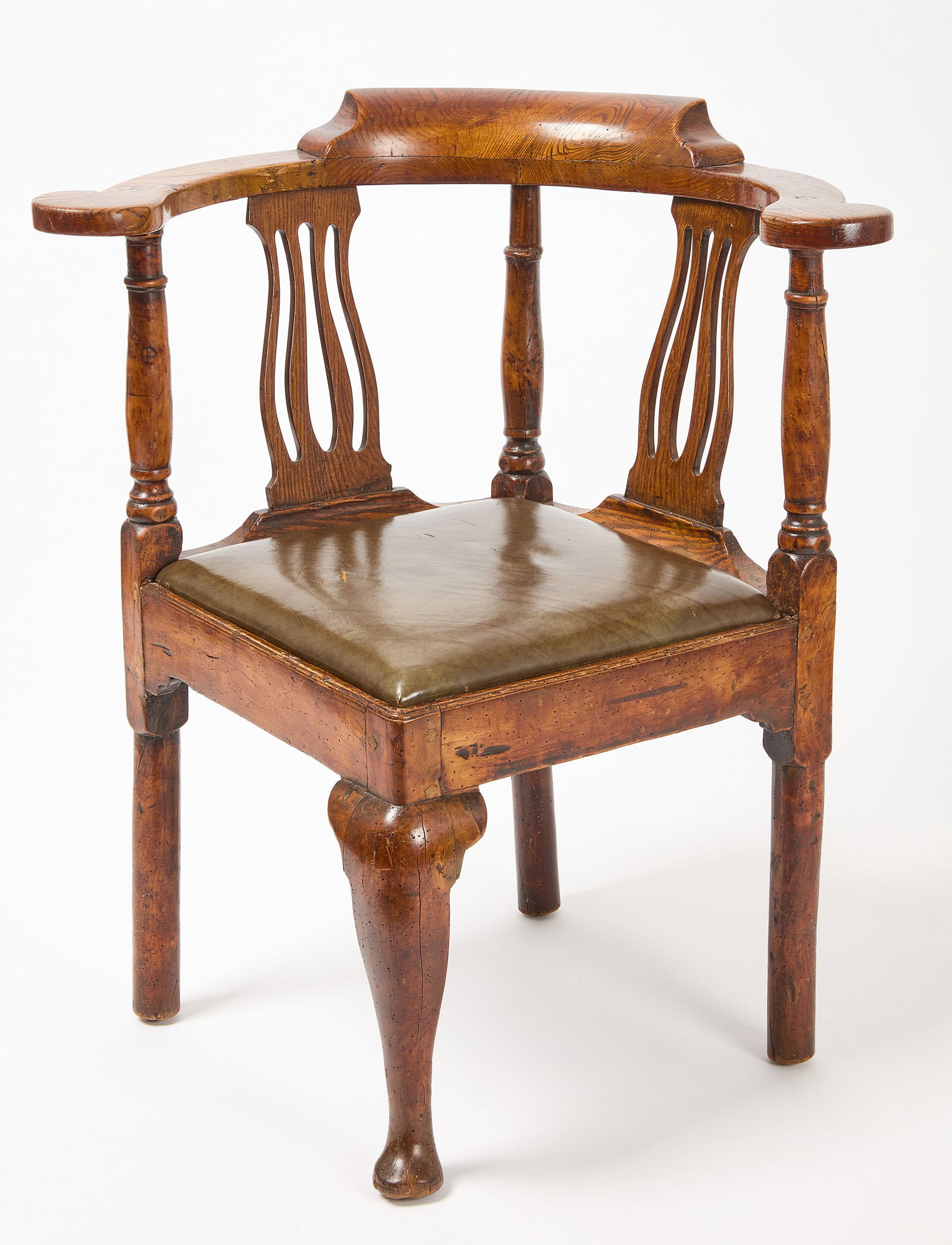 Corner Chair: Corner chair with upholstered seat. English, circa 1800. H 32-1/4" W 25-1/2" D 21-1/4" SH 17-1/2" Condition: Excellent condition with minor imperfections. Link to high-res ima