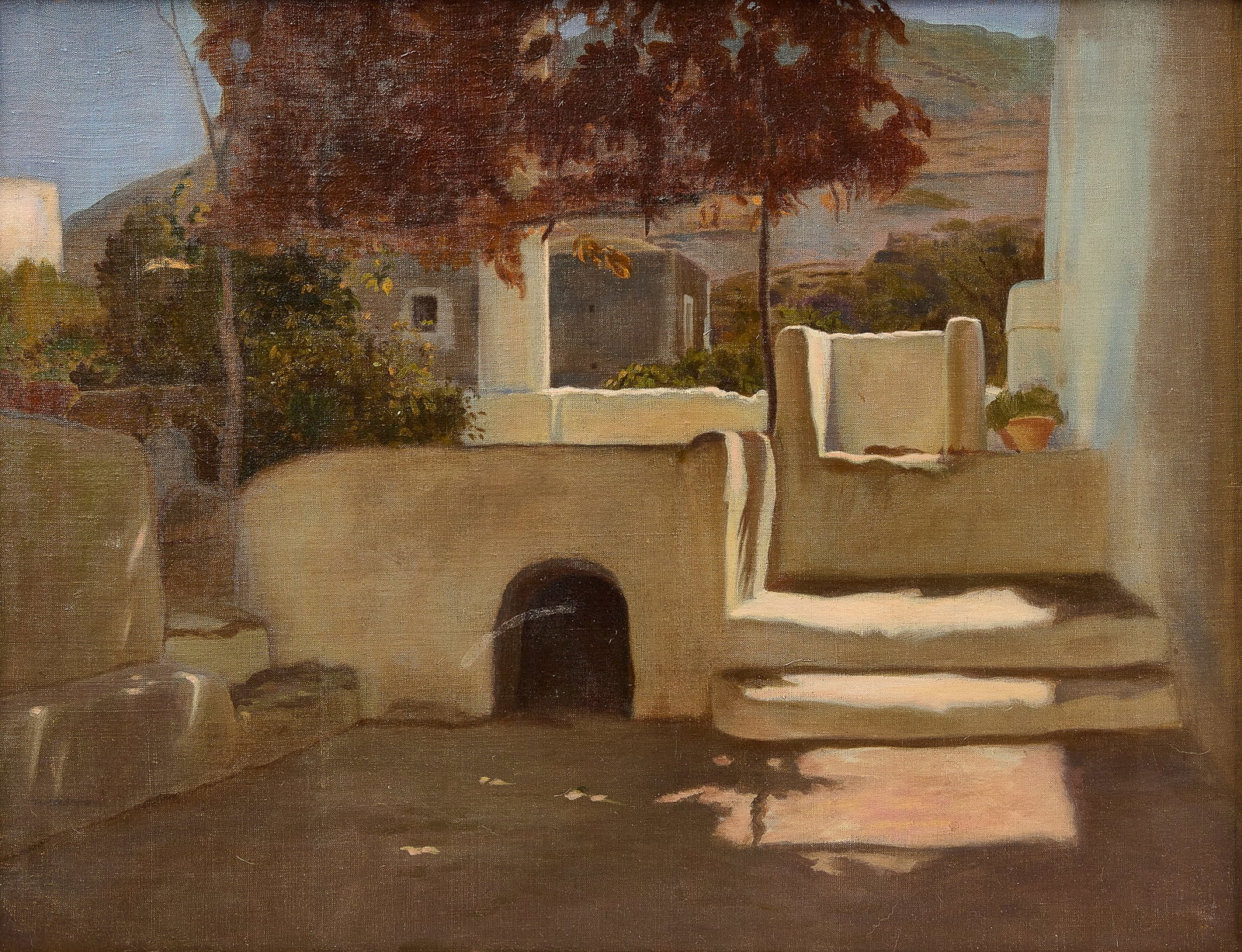Adobe Scene: Adobe scene. Oil on canvas. Unsigned. Circa 1900. Frame: L 31-1/4" W 26" Sight: L 23-1/4" W 18" Condition: Excellent, reframed. Link for high-res images: https://www.dropbox.com/sc