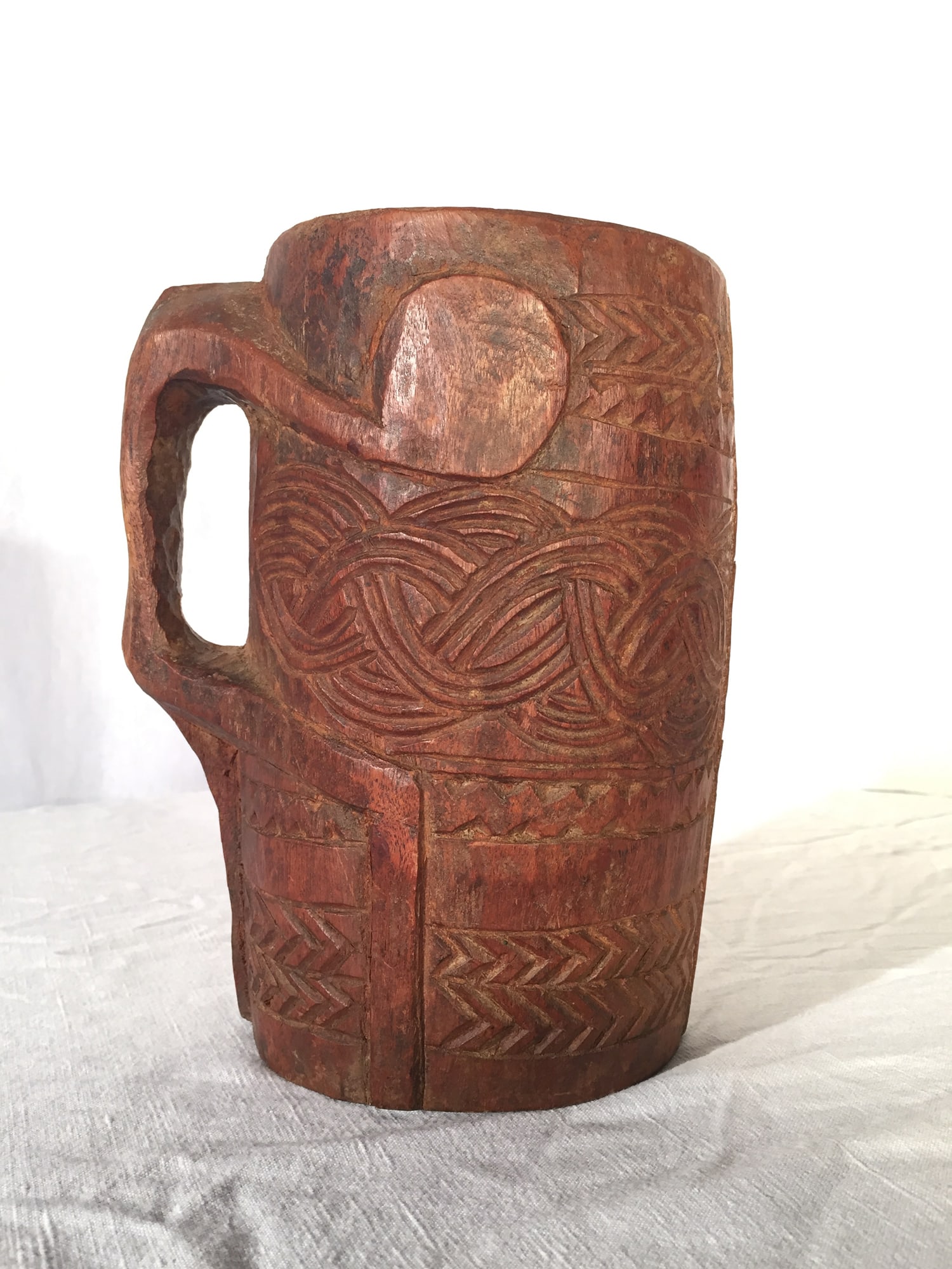 Carved Basque Drinking Vessel: Carved basque drinking mug. French, circa 1780. H 9-3/4" D 5-3/4" Condition: Excellent with minor imperfections. Link to Elemental Garden webpage for additional information: http