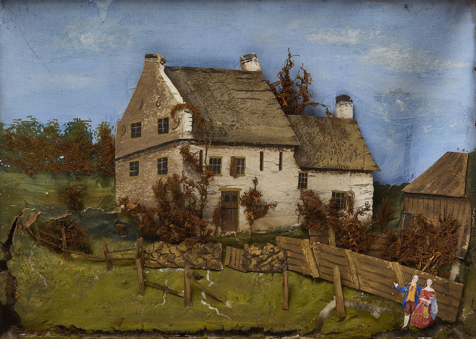 Homestead Diorama: Homestead diorama in shadowbox frame. L 11-1/2" W 15" D 4-1/2" Condition: Excellent with minor imperfections. Link to high-res images: https://www.dropbox.com/scl/fo/o06mvd6kvyl8ihuiipl