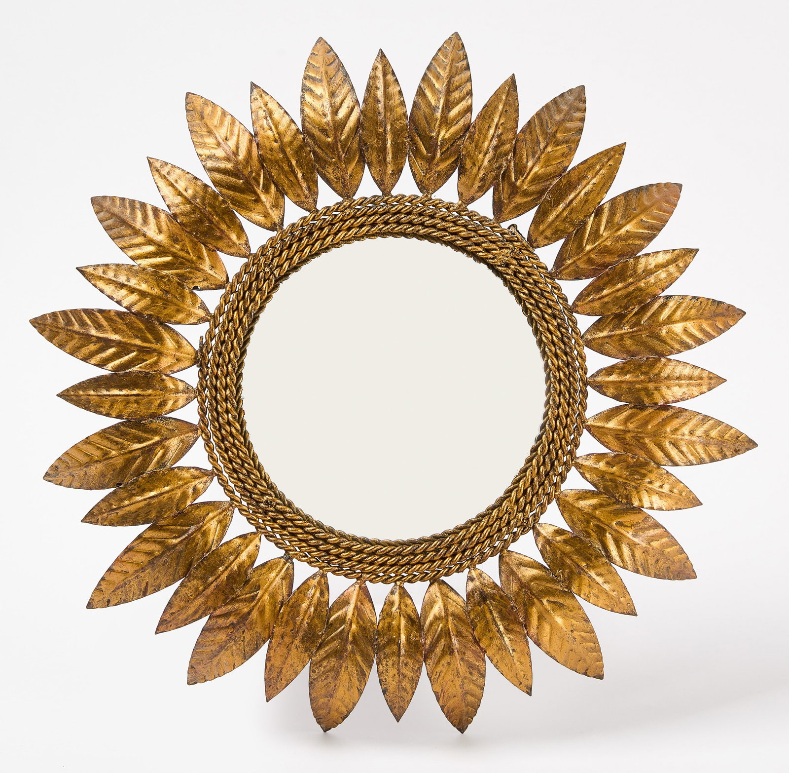 French Convex Leaf Mirror: Convex leaf mirror. French, circa 1960. D 17-1/2" Condition: Excellent condition with minor imperfections.