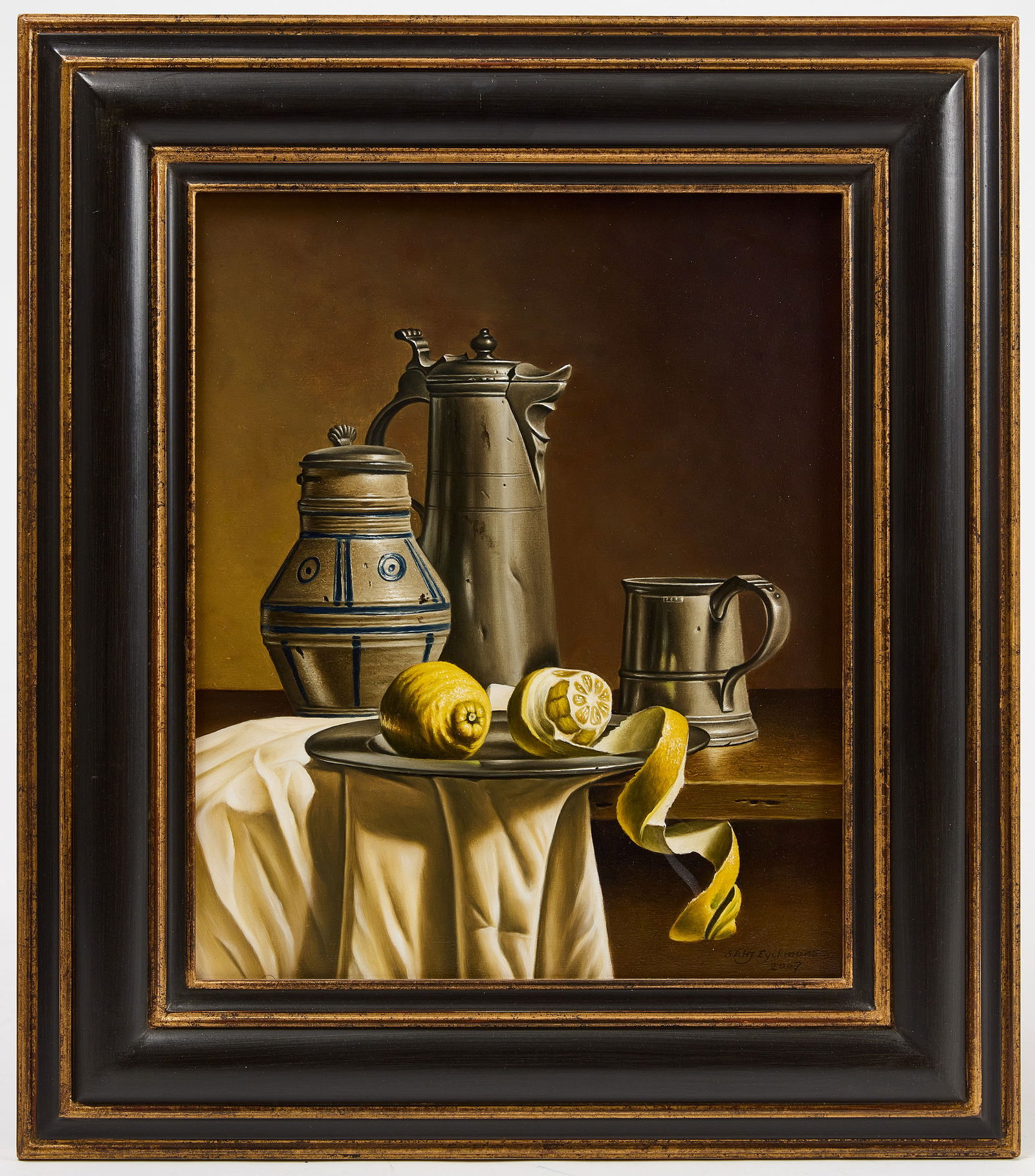 Stefaan Eyckmans - Pewter and Lemon: Stephan Eyckmans (b. 1964). Pewter and Lemons. Oil on panel. Signed and dated by artist LR. Belgian, 2007. Frame: H 25-1/2" W 15" Sight: H 25-1/2" W 24-1/2" Conditi