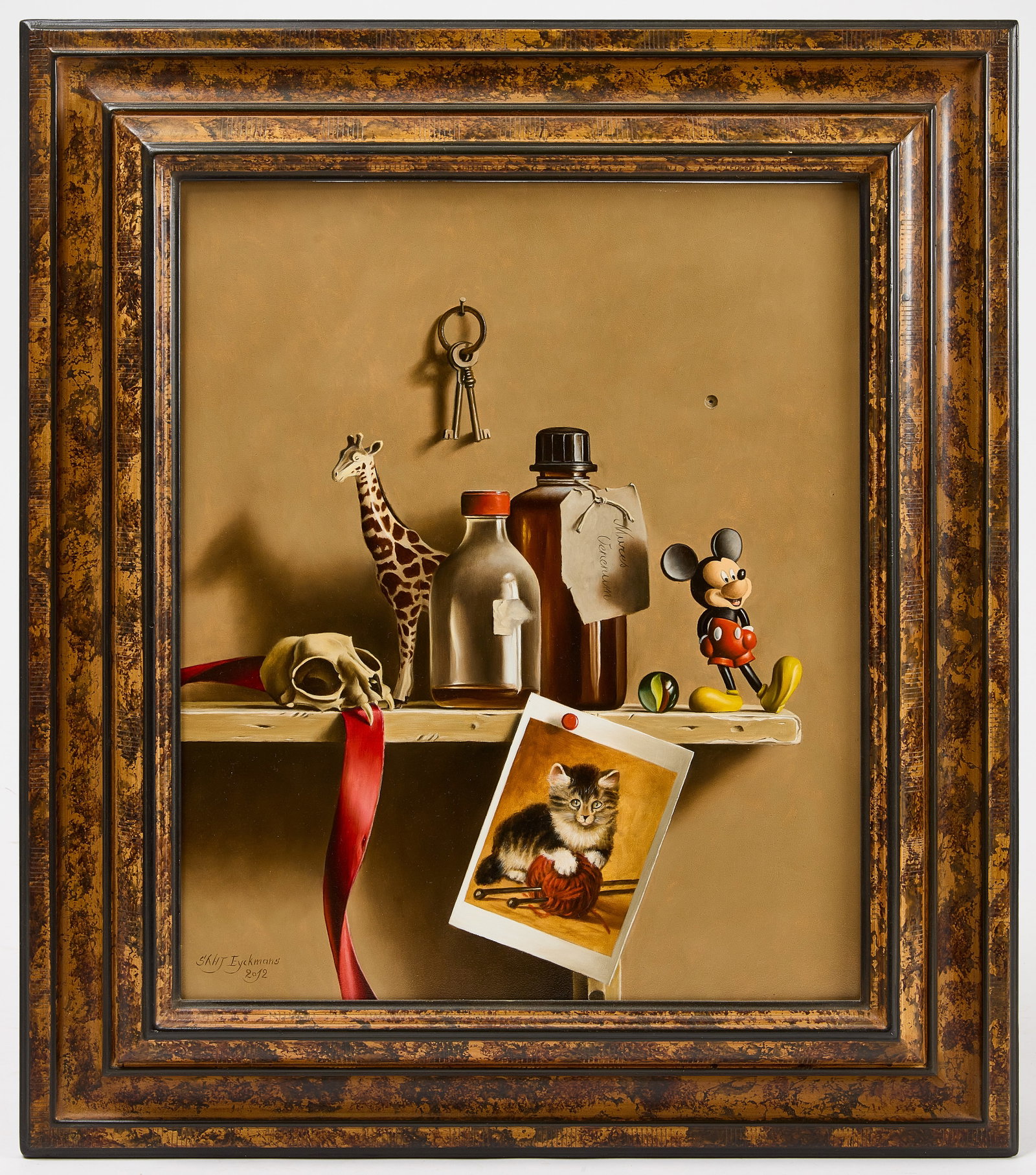 Stefaan Eyckmans - Of Mice and Cats: Stefaan Eykmans (b. 1964). Of Mice and Cats. Oil on panel. Signed and dated by artist LL. Belgian, 2012. Frame: H 32-1/2" W 28-1/2" Sight: H 23-1/3" W 28-1/2" Condition: 