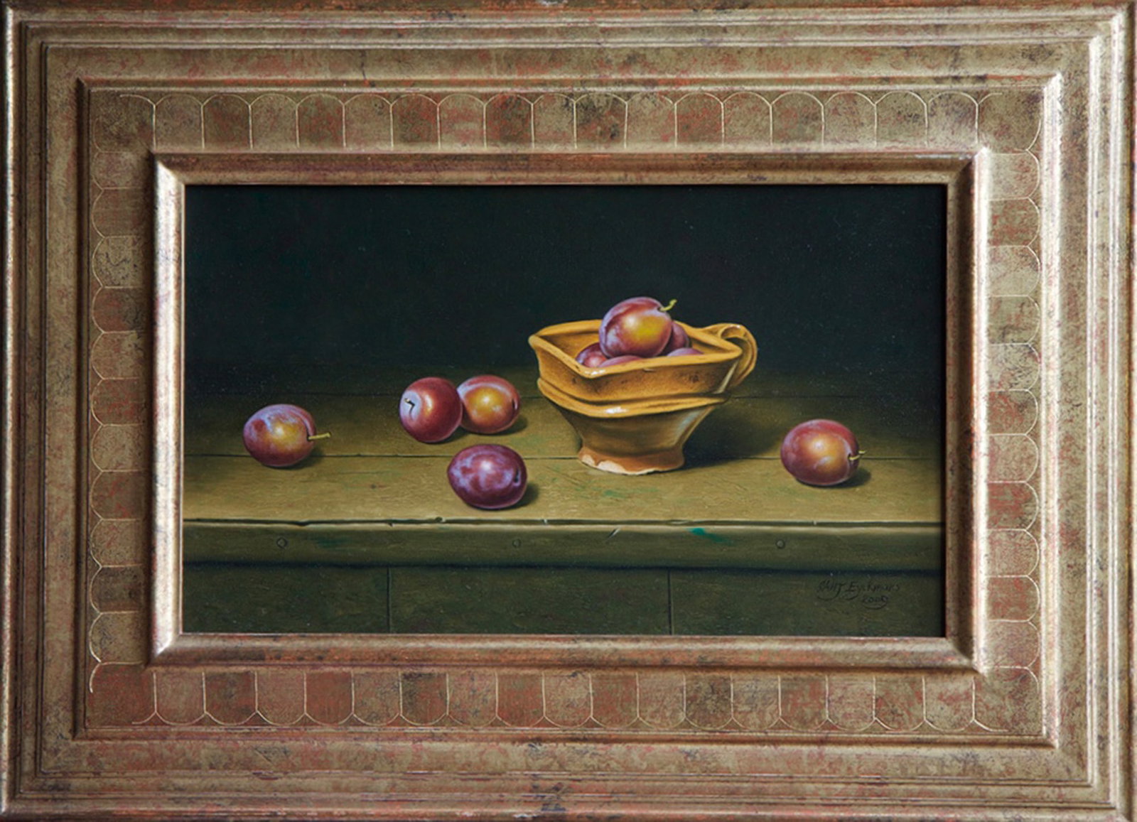 Stefaan Eyckmans - Still Life with Plums: Stefaan Eyckmans (b. 1964). Still life with plums. Oil on panel. Belgian, 2009. Framed: H 21-1/4" W 29" Panel: H 11-3/4" W19-3/4" Condition: Exc