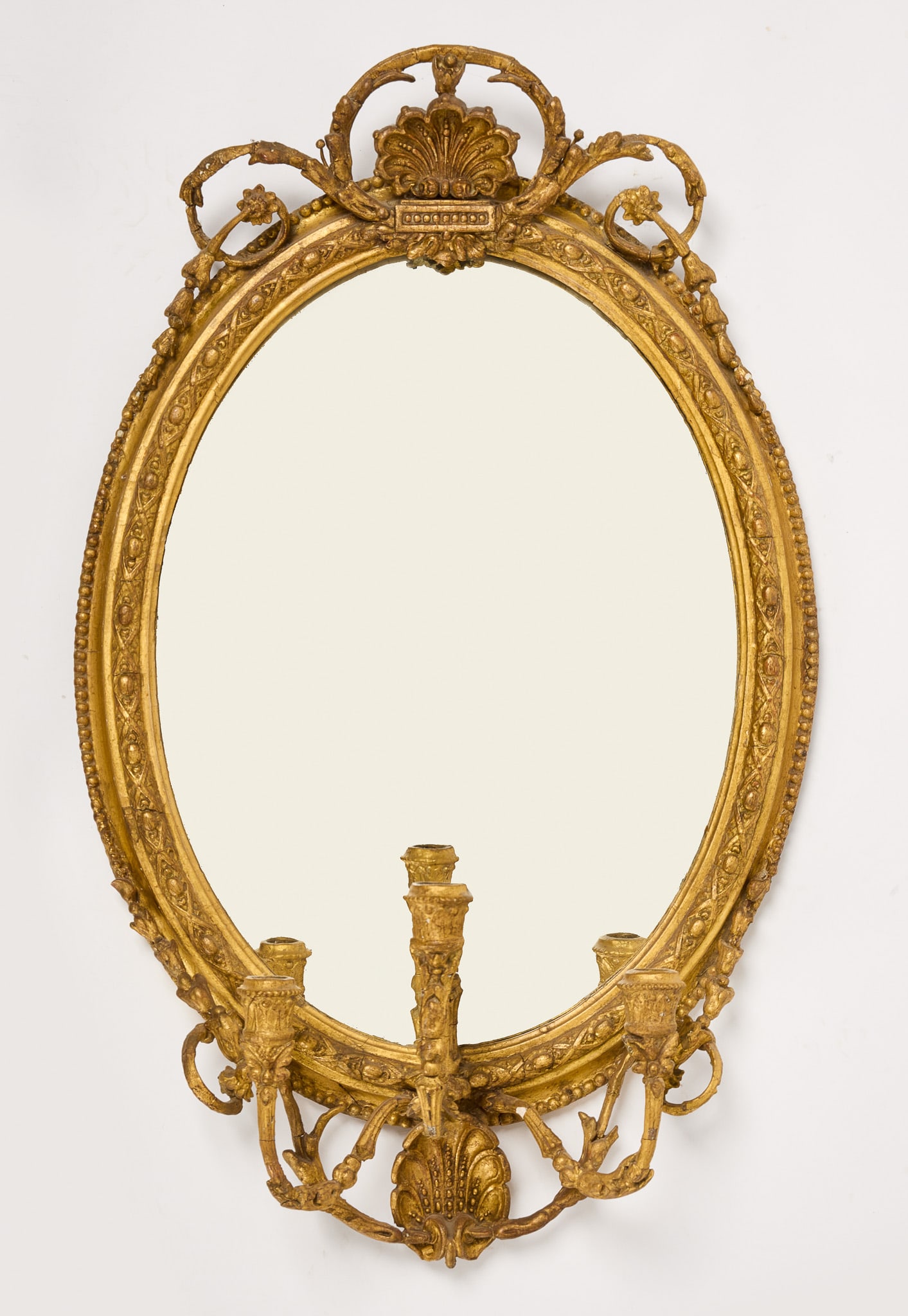 Gilded Oval Girandole Mirror with Triple Candelabra (1 of 5)
