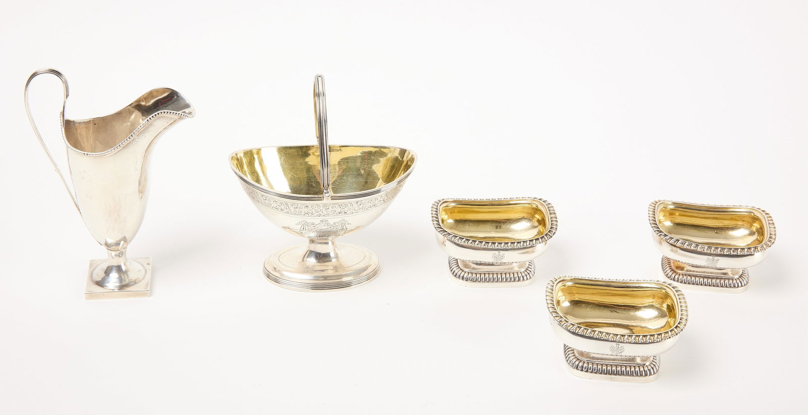 Three Antique Silver Salts, Basket and Creamer (1 of 4)