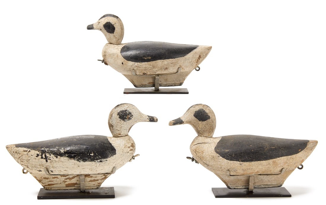 Three Old Squaw Decoys: Three old squaw decoys. Carved wood with old paint. American, circa 1920. H 6-1/2" W 4-3/4" L 11-1/2". Condition: Minor wear as expected. Link to hi-res images: https://www.dropbox.com/
