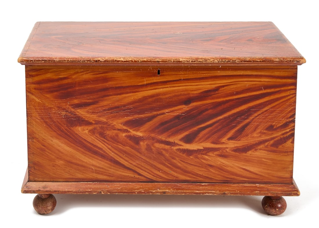 Paint Decorated Chest with Ball Feet: Blanket chest with ball feet. Original paint decoration. Pennsylvania, circa 1830. H 25" W 36" D 18-1/2" Condition: Original condition. Link to hi-res images: https://www.drop