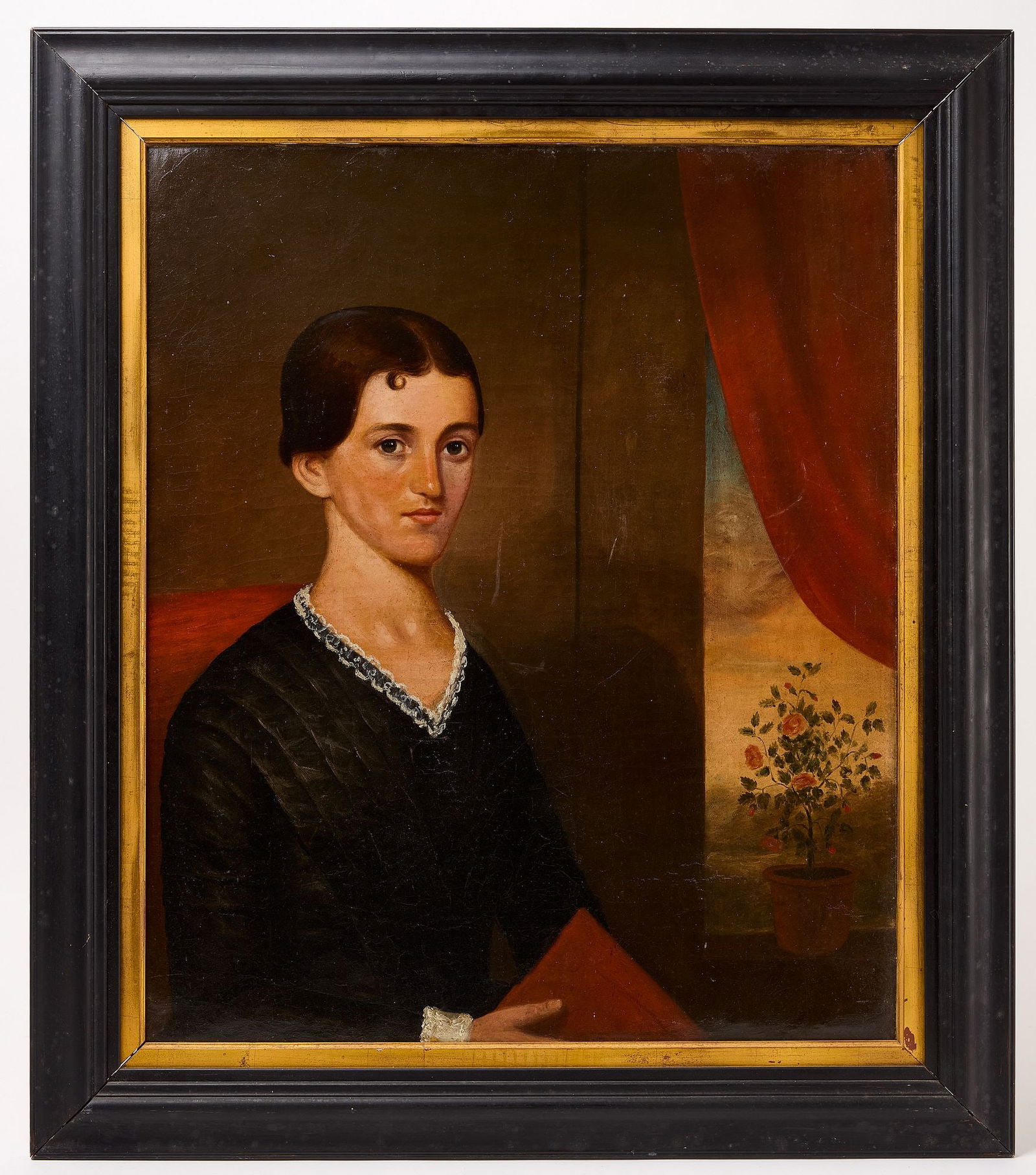 Joseph Goodhue Chandler - Portrait of a Woman by Window: Joseph Goodhue Chandler (1813-1884). Attributed. Portrait of a woman by a window. New England, mid 19th century. Frame: H 37" W 32" Sight: H 29-1/4" W 24-1/2". Provenan