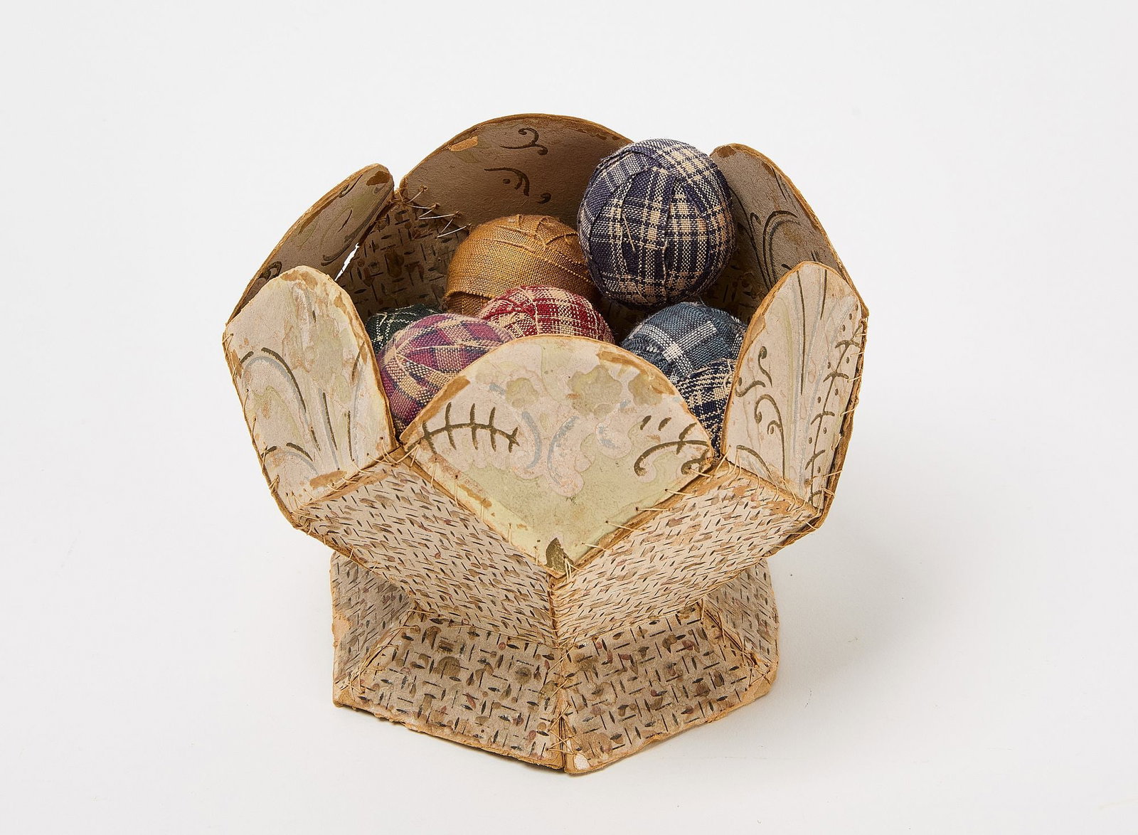 Wallpaper Compote: Wallpaper compote with a collection of miniature balls covered with rag strips. American, mid 19th century. H 5" W D 5-1/2". Condition: Excellent condition. Copy and paste link for 