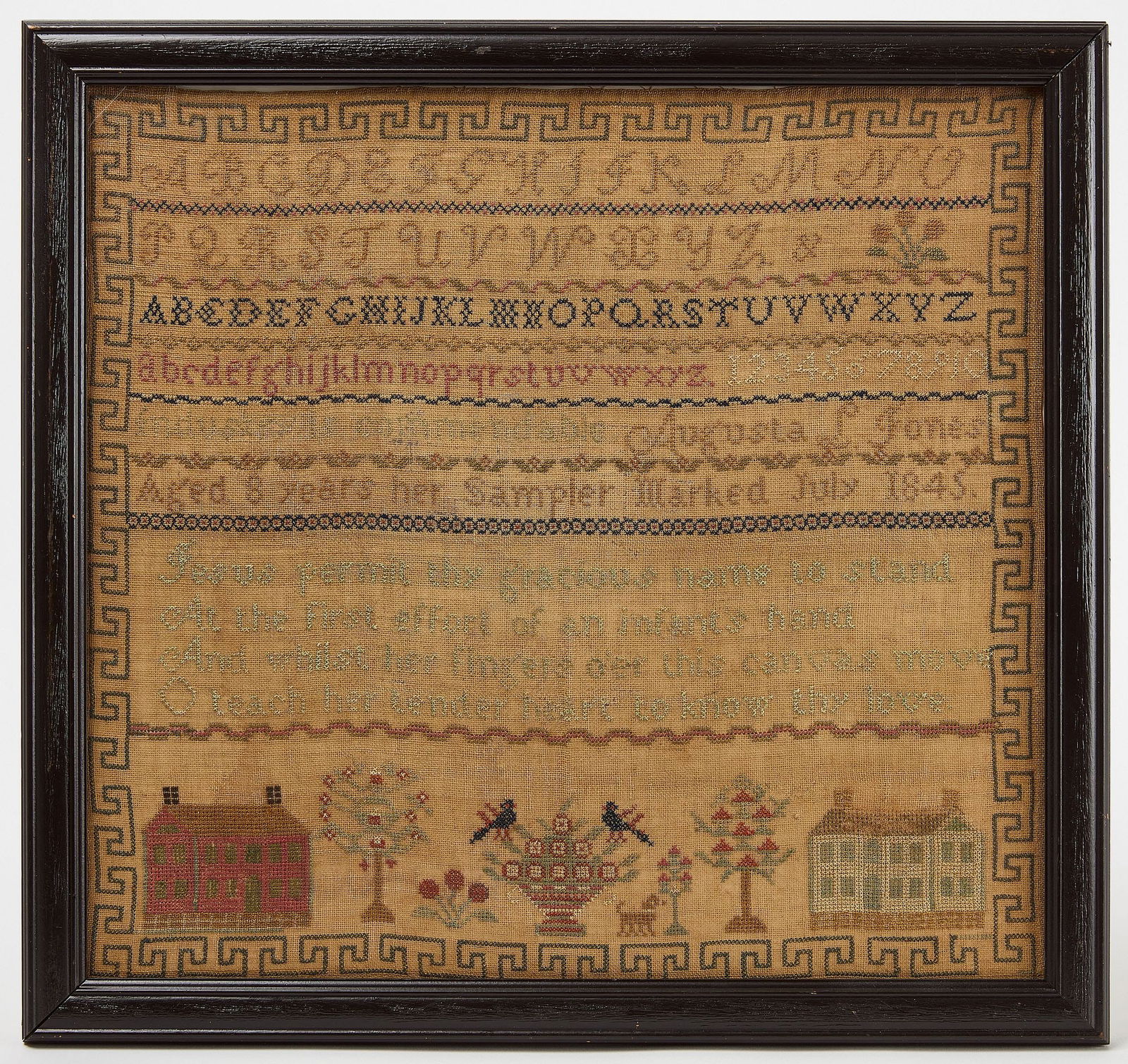 Augusta Jones - Silk on Linen Needlework Sampler (1 of 2)