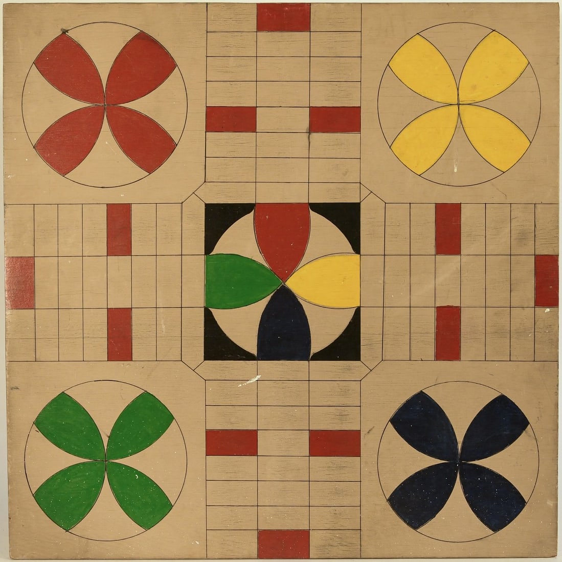 Parcheesi Gameboard: Parcheesi gameboard with original green, black, yellow and red paint on putty ground. Plywood. Early to mid-20th century. L 24" W 24". Condition: Excellent original condition. Link to h