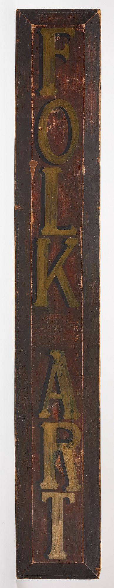 Folk Art Vertical Sign: Folk art vertical sign. American, 20th century. H 66-1/4" W 9-7/8". Condition: Very good condition with moderate surface wear. Small metal brackets added in the back for hanging. L