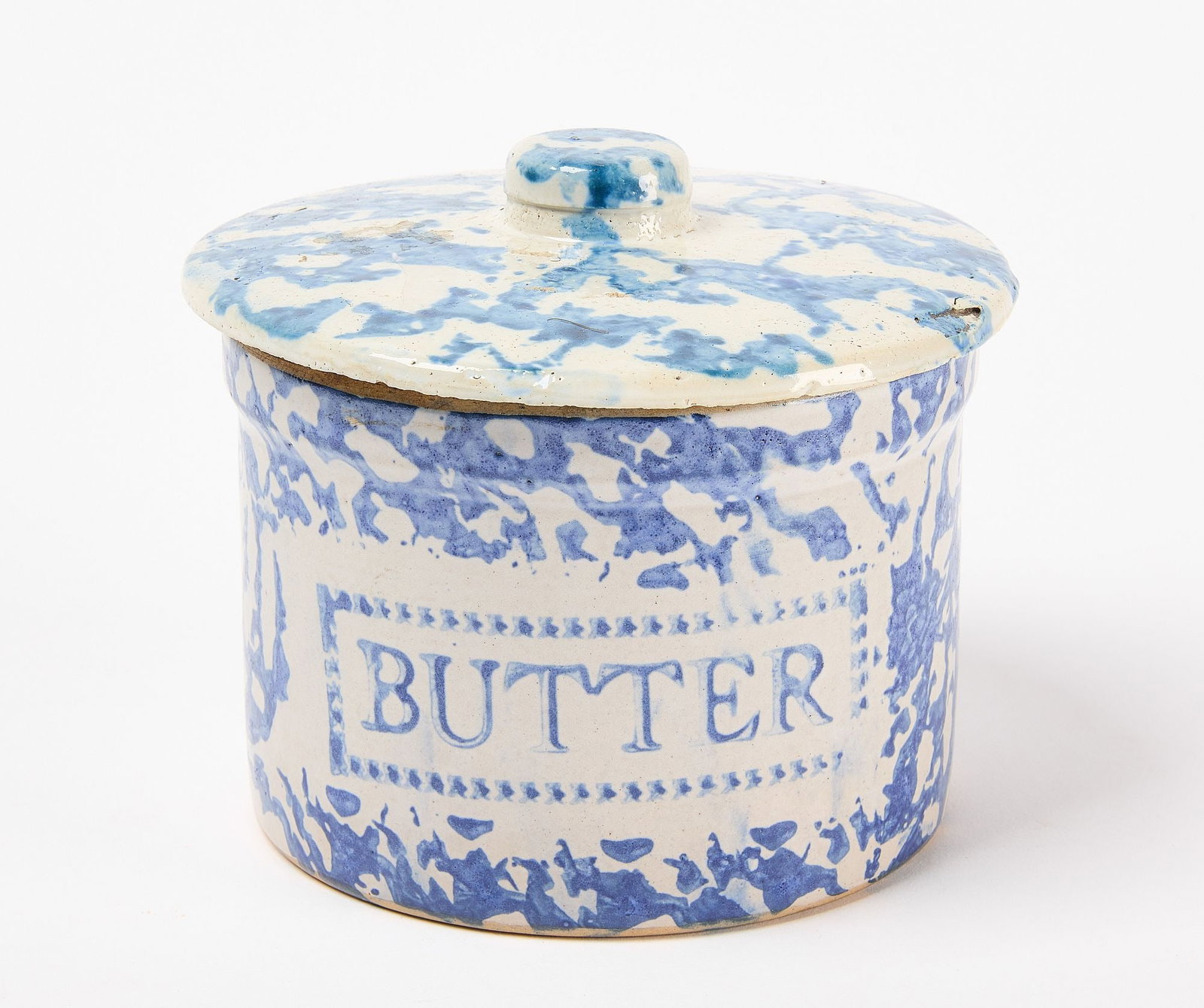 Blue Sponge Ware Butter Tub: Blue sponge ware butter tub. H 5-1/4" D 6-1/8". Condition: Excellent.