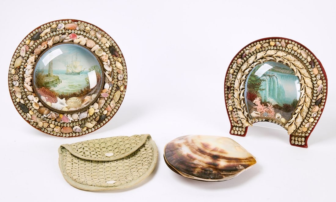 Group of Vintage Shell Art: Group of shell art and objects. Greatest L: 6-1/2". Condition: Excellent condition with minor imperfections.