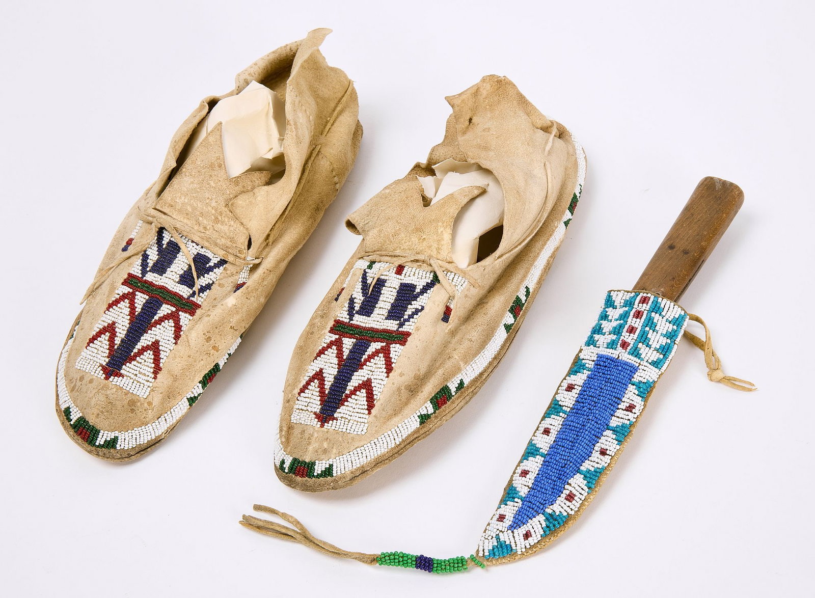 Pair of Native Beaded Moccasins and Knife Sheath (1 of 3)
