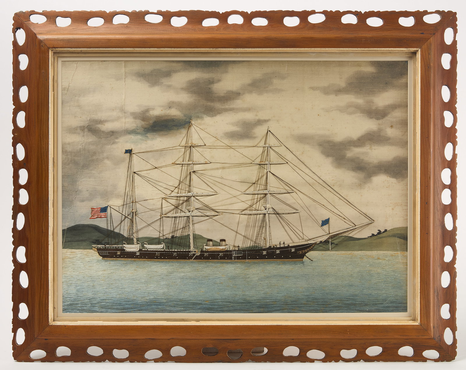 Marine Needlework and Paint on Silk: Marine needlework and paint on silk of a sailing vessel. In repainted period gilt frame. American, late 19th century. Frame: H 26-1/4" W 33-1/4" Sight: H 19-1/2" W 26-1/2". Co