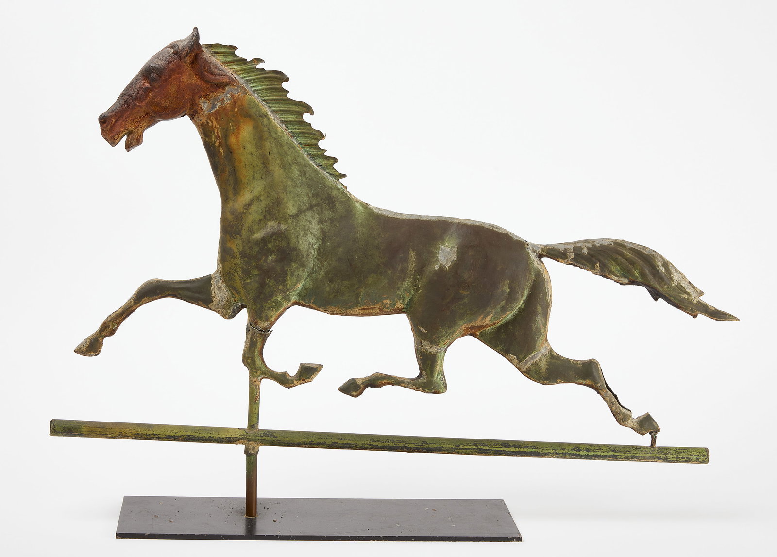 Horse Weathervane: Horse weathervane. J.W.Fisk, NYC. circa 1880. Molded copper with a cast iron head. H 22-1/4" W 30". Condition: Excellent original condition. Link to hi-res images: https://www.dro