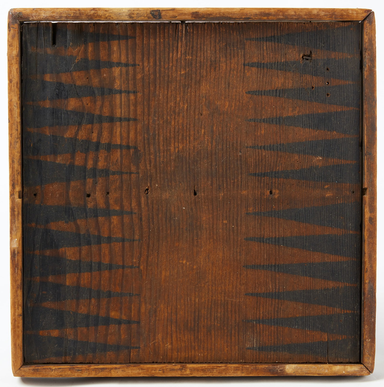 Backgammon - Checkers Game Board: Backgammon and Checkers game board. One piece pine board with applied moulding and forged nails. Backgammon: Black teeth on natural ground. Checkers on reverse: Black and natural squares on natural pi