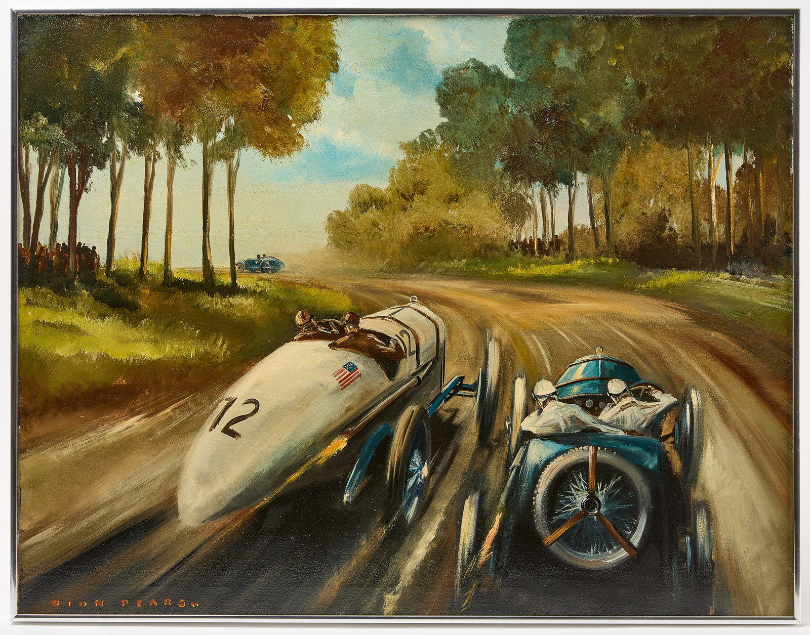 Dion Pears – Racing Painting: Dion Pears (1929-1985). Racing painting. Jimmy Murphy' Duesenberg and Guiness' Talbot. Oil on canvas. H 28-1/4" W 36-1/4". Condition: Excellent original condition. Link for hi-r