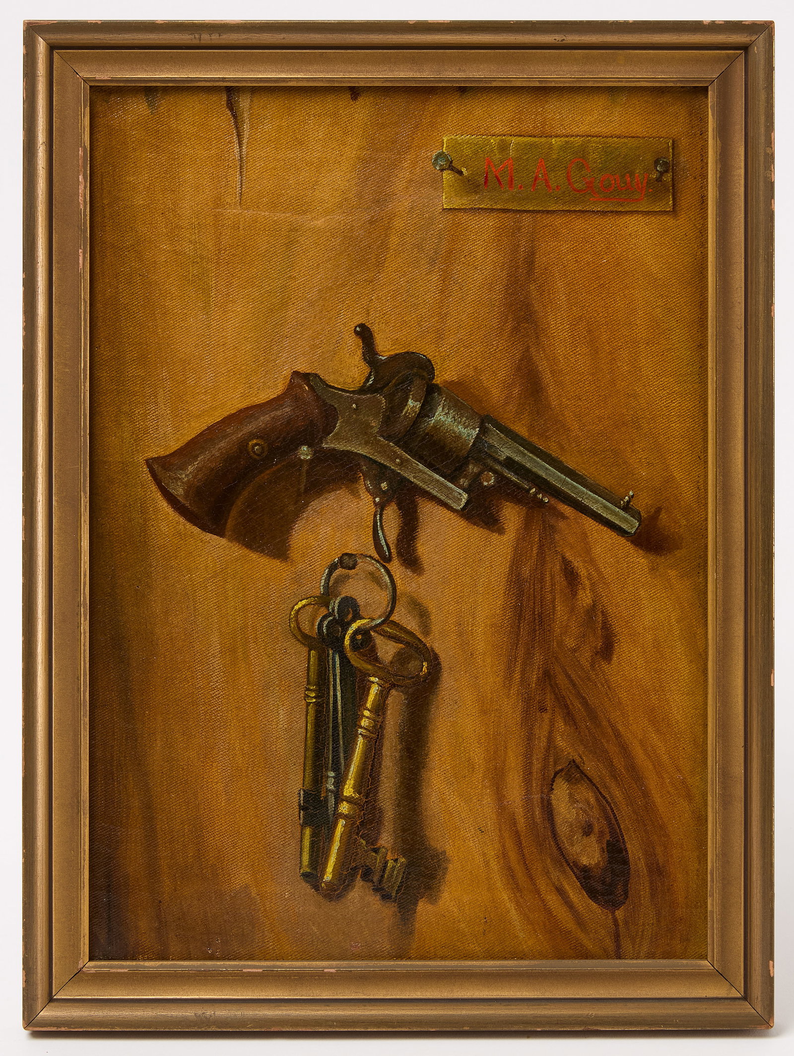 Trompe l'oeil Painting - Revolver with Keys: Matthew Gouy. Trompe l'oeil painting of a revolver with skeleton keys hanging on the wall. 'M. A. Gouy' in top right corner. Oil on canvas.Frame: H 15-5/8" W 11-5/8" Canvas: H 13-5/8" W 9-5/8". Condit