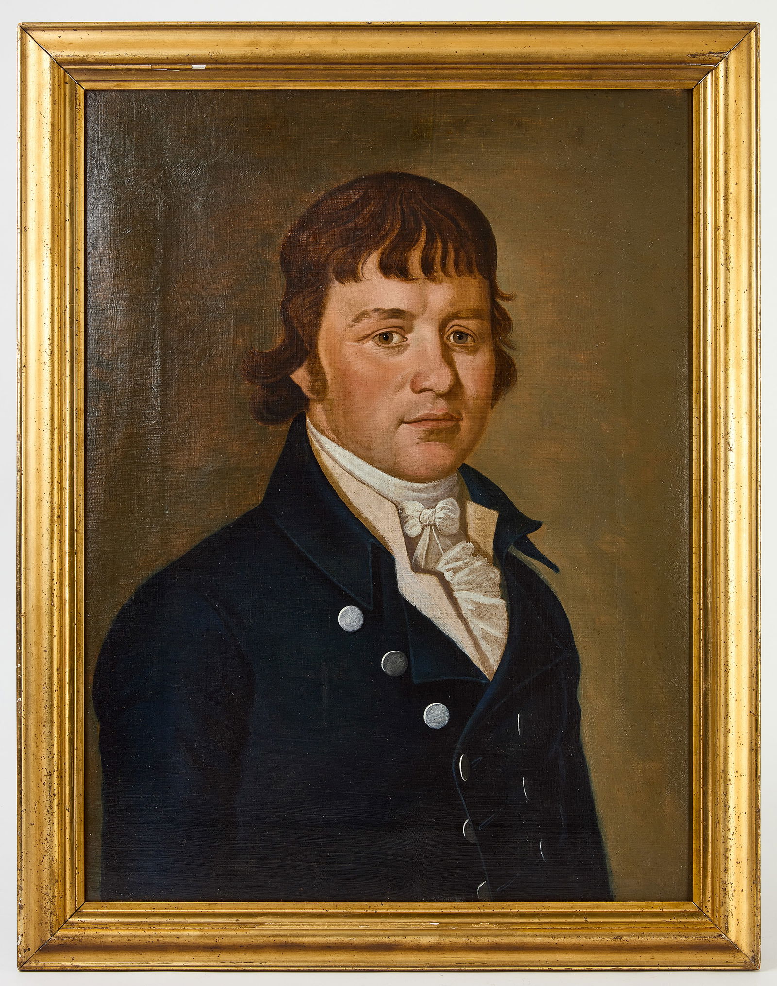 William Jennys – Portrait of a Man: William Jennys (1774-1859). Portrait of a man. Oil on canvas. Affixed to back is a receipt for 2 picture frames. New England, circa 1800. Provenance: Peter Eaton Antiques. Frame: H 28-1/2" W