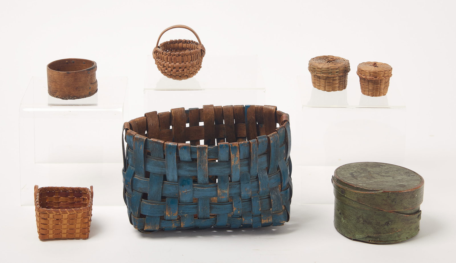 Painted Splint Basket, Early Fingered Strainer, Painted Pantry Box, and Four Miniature Baskets (1 of 16)