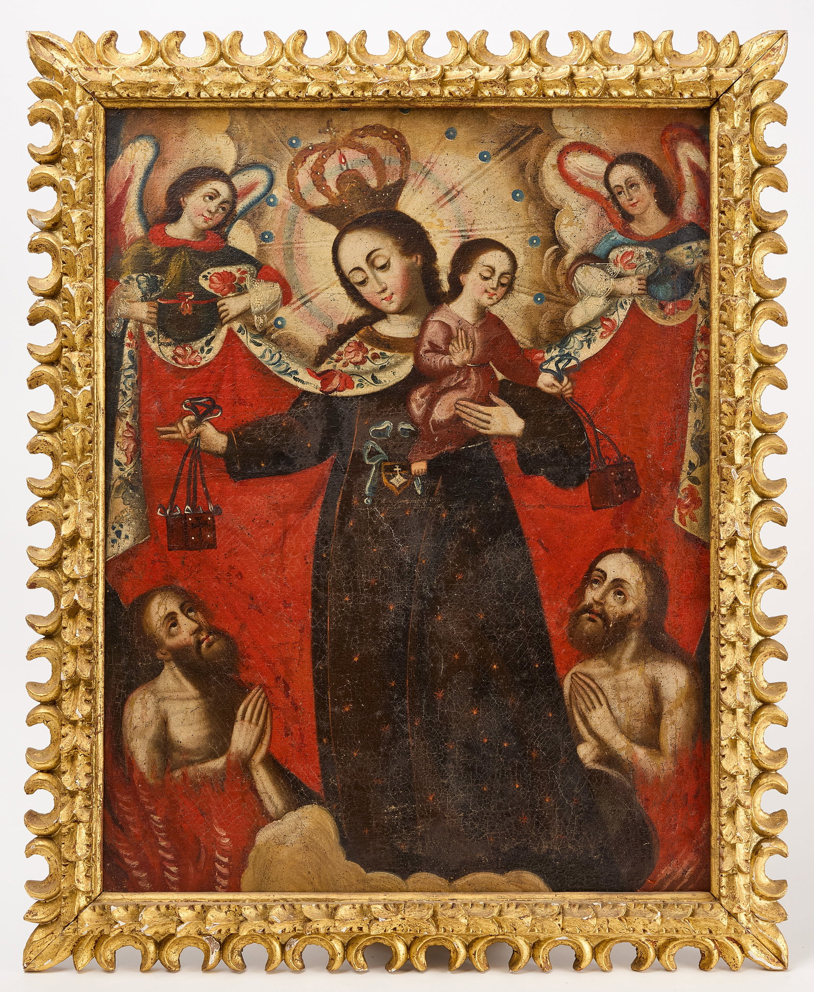 Cuzco School Painting: Cuzco School painting. Depiction of Mary and Christ Child. 18th century, Oil on canvas. Frame: H 33" W 26-3/4". Canvas: H 29" W 22". Condition: Inspected under UV light. Reli
