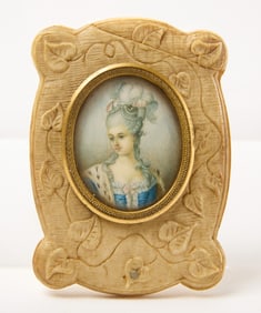 Painted Miniature Portrait of a Woman - Carved Bone Frame