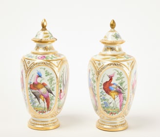 Pair of English Hexagonal Lidded Vases with Birds