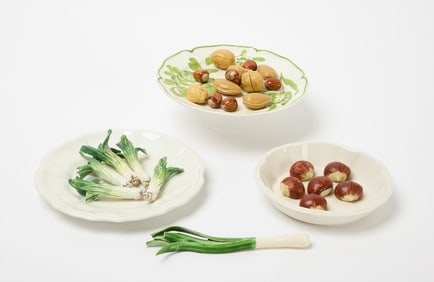 Three Trompe l'œil Plates With Walnuts and Green Onions