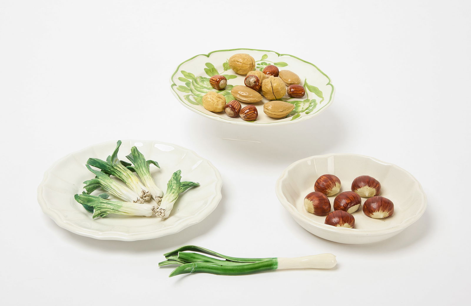 Three Trompe l'œil Plates With Walnuts and Green Onions (1 of 2)